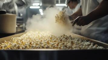 Workers are preparing large batches of popcorn in a food production facility. Steam rises as they handle the fluffy, crispy snacks, ensuring efficiency in the processing line during busy hours. photo