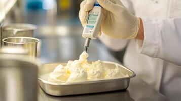 A worker in a food production facility applies ai technology to create whipped cream in a tray. The environment is clean and designed for efficient food processing. Gloves ensure hygiene. photo
