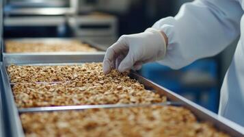 A worker in a sterile white coat and gloves inspects a tray of granola on a food production line. The well-organized setting highlights the use of ai in automating food processing. photo
