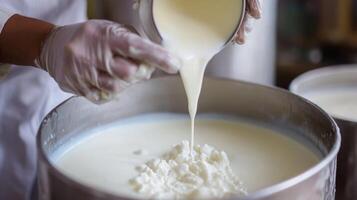 A worker utilizes advanced ai tools to optimize the production line. In a busy dairy processing facility, milk is carefully poured into a container, ensuring precision in the cheese-making process. photo
