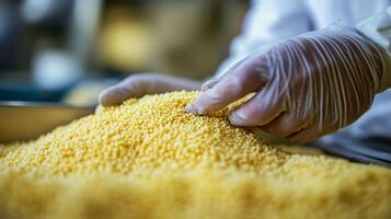 Specialized ai equipment is utilized in a food production line where workers handle fine yellow granules. Precision tools ensure consistent quality and optimal output during processing. photo