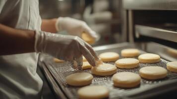 In a bustling production line, a worker in gloves carefully places freshly baked cookies onto a cooling rack. AI technology optimizes the process, ensuring precision and speed in food production. photo