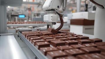 A robotic arm is actively sorting and placing chocolate bars on a busy food production line. The setting is a modern manufacturing facility designed for efficient processing and packaging. photo