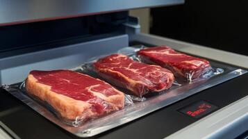 High-tech food production line showcases sealed meat cuts ready for cooking, benefiting from artificial intelligence integration for enhanced efficiency and quality in food handling and preparation. photo