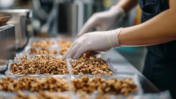 Workers efficiently package granola in trays at a food production line. This process utilizes automation and precision technology to ensure quality and consistency in every batch crafted. photo