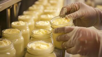 Workers on a production line carefully fill glass jars with a creamy food product. The environment is organized and efficient, showcasing the integration of AI in food manufacturing processes. photo