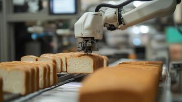 A robotic arm efficiently picks and positions slices of bread on a production line in a food processing facility. photo