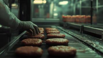 In a busy food production facility, a worker meticulously places burger patties on a conveyor belt. The environment showcases advanced technology and efficient production methods focused on quality. photo