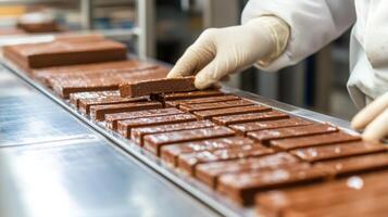 A worker in a white coat and gloves meticulously arranges freshly made chocolate bars on a stainless steel production line. The factory setting is clean and organized, emphasizing quality control. photo