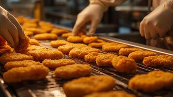 Workers in gloves meticulously handle rows of golden chicken nuggets on a production line, showcasing a modern food manufacturing process enhanced by ai technology for efficiency and quality. photo