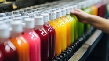 Brightly colored bottles of juice are neatly arranged on a production line. A worker inspects the bottles, ensuring quality and consistency. photo