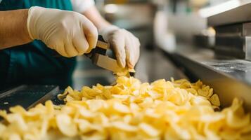 Hands wearing gloves are cutting and shaping potato slices on a busy production line. The focus is on creating uniform snack pieces in a modern food processing environment. photo