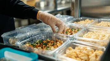 Busy food production line utilizing ai technology ensures efficient meal preparation. A worker carefully portions ingredients into clear containers while maintaining cleanliness with gloves. photo