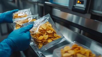 In a busy food production facility, workers utilize advanced machines to package snack chips. The automated system ensures quick and hygienic handling of each packet, enhancing productivity. photo
