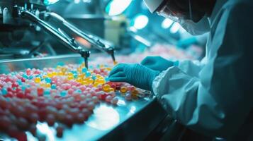 Workers in a food production facility use AI-driven tools to sort and inspect colorful candies on a conveyor belt. The bright lighting enhances the vibrant hues of the sweets during production. photo