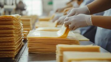 Workers are efficiently stacking processed cheese slices on a production line in a large food processing facility. This activity takes place in a clean, organized environment. photo