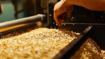 Hands carefully sort through piles of oats on a production line in a food processing facility, ensuring quality and uniformity during production. photo