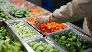 Workers at a food production facility sort and prepare vegetables, ensuring quality and freshness. The use of AI technology streamlines the process, improving efficiency in vegetable handling. photo