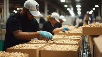 Skilled workers meticulously sort and package food items on a production line. The activity takes place in a large facility, showcasing teamwork and precision in food production. photo