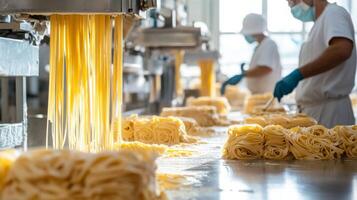 In a bustling kitchen factory, skilled workers in protective gear manage the pasta production line, skillfully handling fresh noodles as they flow from machinery, ensuring quality and efficiency. photo