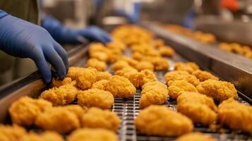 Workers in a food processing facility sort and package fried items along a conveyor belt. The automated line ensures efficiency and maintains high standards of quality during production. photo