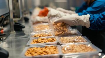 Workers in a modern food production facility are packing snack products into clear bags while using advanced ai technology. The environment is clean and organized, promoting efficient workflow. photo