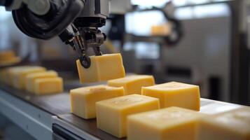 Robotic arms equipped with ai technology maneuver cheese blocks efficiently along a production line in a food processing facility. This modern system enhances productivity and consistency. photo