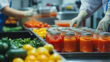 Workers are engaged in a food production line, preparing fresh vegetables while filling jars with vibrant tomato sauce. The setting highlights efficiency in food processing. photo