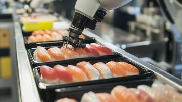 Robots expertly assemble sushi rolls on a production line, enhancing speed and precision in food preparation. photo