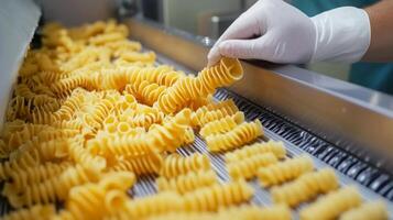 Pasta is being processed on an automated production line where ai technology ensures quality and efficiency. Workers monitor the process, handling freshly made pasta at a busy facility. photo