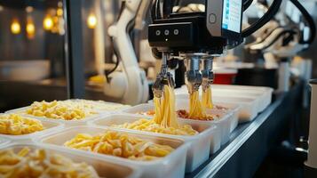 Robotic arms expertly dispense pasta and sauce into containers on an automated production line. photo