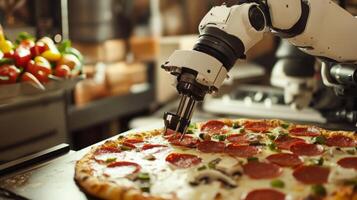 A robotic arm skillfully places toppings on a freshly made pizza in a bustling food production line. Colorful vegetables and herbs are nearby, creating an efficient culinary process. photo