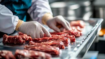 Workers in a food production facility methodically prepare cuts of meat while wearing gloves. The setting showcases a clean and organized workspace focused on food handling in an industrial kitchen. photo