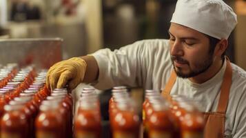 In a bustling kitchen setup, a worker meticulously places lids on jars of sauce, ensuring quality control on the production line during a busy shift. photo