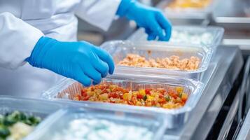 Workers in protective gear prepare colorful vegetable and protein dishes in transparent containers on a busy food production line. The process emphasizes speed and precision through technology. photo