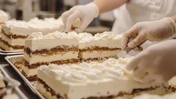 In a bustling baking facility, skilled hands carefully slice cakes layered with cream and filling. photo