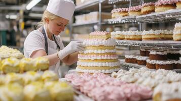 In a bustling kitchen, a pastry chef skillfully assembles a towering cake with delicate layers. Surrounding her are various decorated desserts, emphasizing the vibrant activity in food production. photo