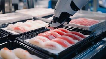 Advanced robotic technology is at work as it meticulously places sushi and sashimi in trays, enhancing efficiency in food production. photo