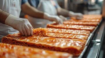 In a busy food production facility, workers assemble layers of lasagna with precision. The vibrant red sauce covers sheets of pasta, showcasing a systematic approach to meal preparation. photo