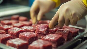 Skilled workers in protective gloves are handling fresh meat cubes on a production line. The environment is clean and organized, showcasing an efficient ai-enhanced food processing operation. photo