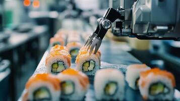 Sushi rolls are meticulously placed on a production line as advanced ai technology operates robotic arms to enhance food preparation efficiency. photo