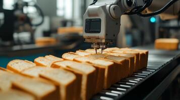 Robots precisely apply toppings to slices of bread on a production line in a modern facility. This innovative process streamlines food manufacturing and ensures consistent product quality. photo