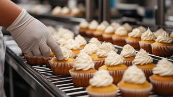 A skilled worker is applying frosting to freshly baked cupcakes on a production line using ai technology. The environment reflects a modern bakery focused on efficiency and quality. photo