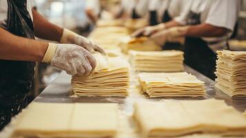 Workers are assembling layers of dough in a busy food production facility. photo