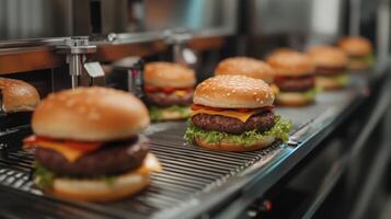 A modern production line efficiently prepares burgers with precise automation. Fresh patties, lettuce, cheese, and tomatoes are assembled on soft sesame seed buns in a fast-paced environment. photo