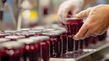 Workers in a food production facility use advanced ai technology to seal jars filled with fruit preserve. The automated line enhances efficiency and consistency in food packaging and processing. photo