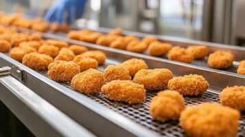 A production line is seen processing crispy food items, with a worker in blue gloves carefully overseeing the operation. The setting highlights efficiency in food preparation and quality control. photo
