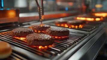 In a bustling kitchen, ai technology controls a food production line where burgers are grilled to perfection. The setup enhances speed and quality while maintaining consistency in cooking. photo