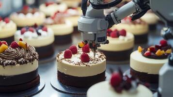 In a modern production facility, a robotic arm carefully adds fruit toppings to cakes on a conveyor belt. The automated system enhances efficiency in dessert preparation. photo