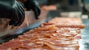 Operators use advanced machinery and AI technology to slice and package meat efficiently on a production line. The process ensures precision, speed, and high-quality output for food distribution. photo